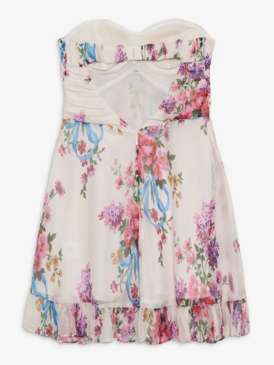 Backless Semi-transparent Floral Strapless A-line Mini Dress