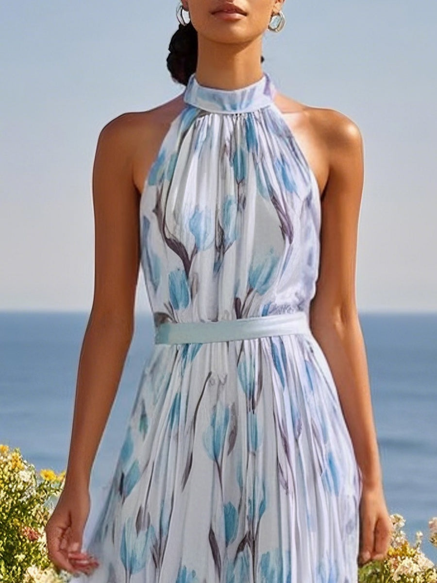 Elegant Maxi Dress With Halter Neck And Floral Print, European And American Vacation Style.