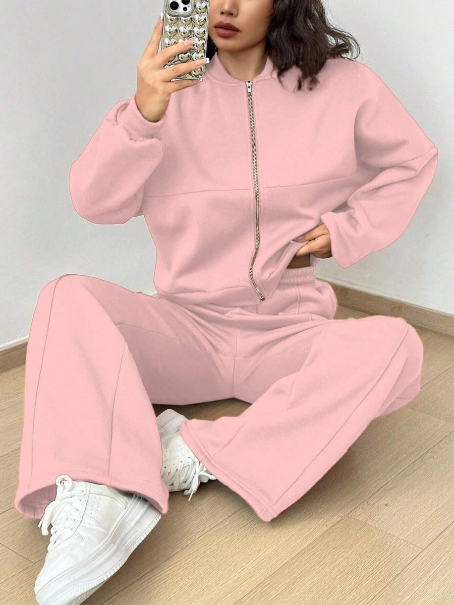 Sports And Leisure Solid Color Crew Neck Zipper 2-piece Sets