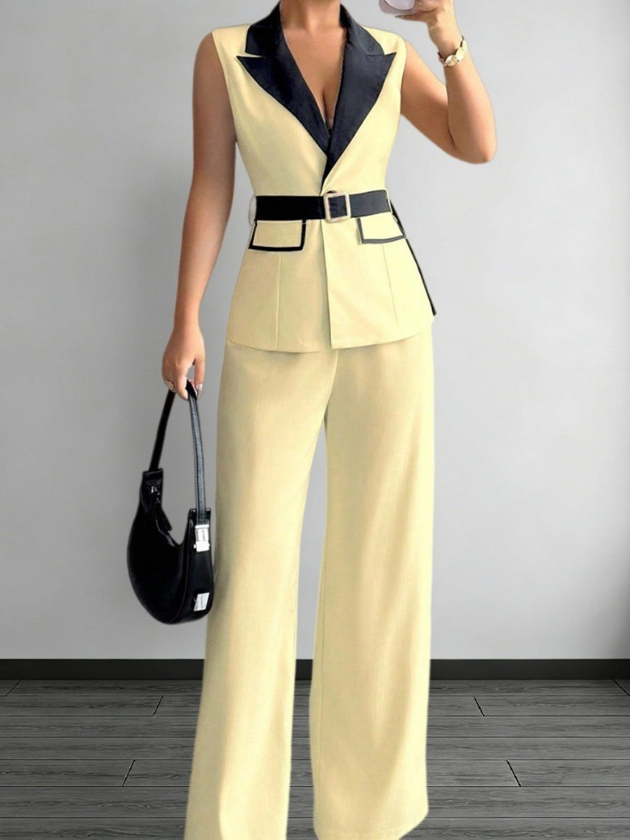 Straight-leg Trousers And Color-blocked Vest Two-piece Set