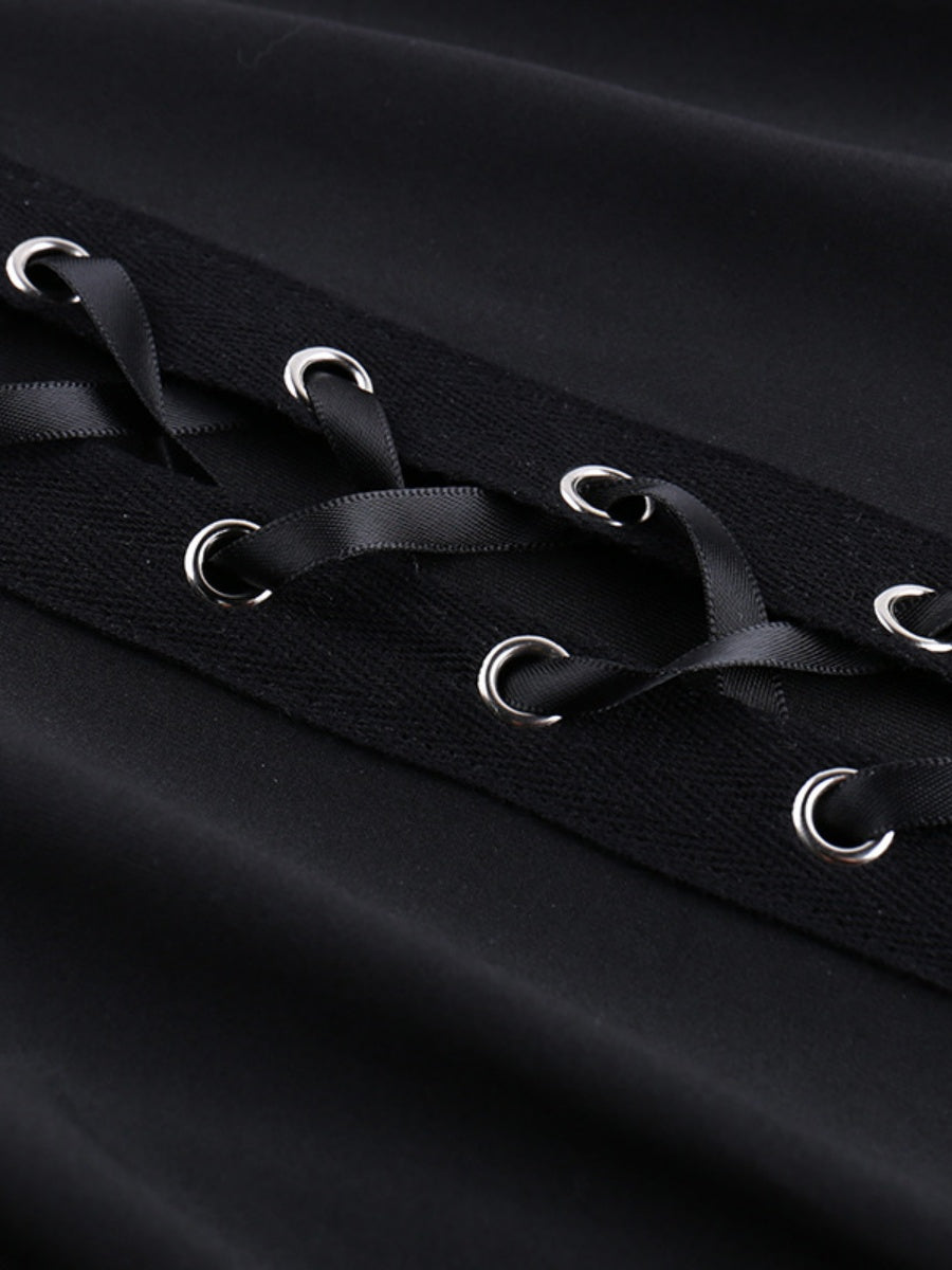 Metal Bandage Hollow Black Slightly Flared Pants