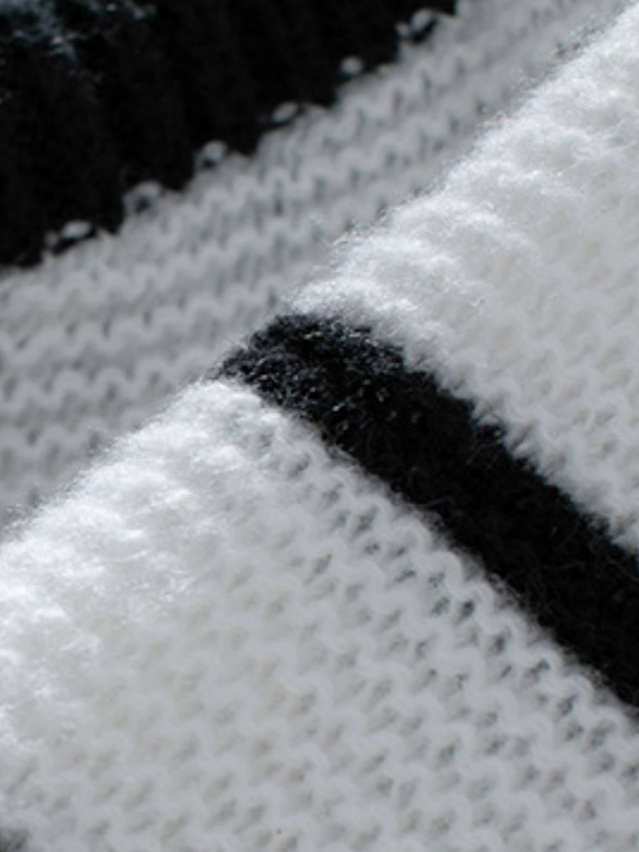 Crew Neck Loose Black And White Stripes Hood Long Sleeve Knitted Sweater