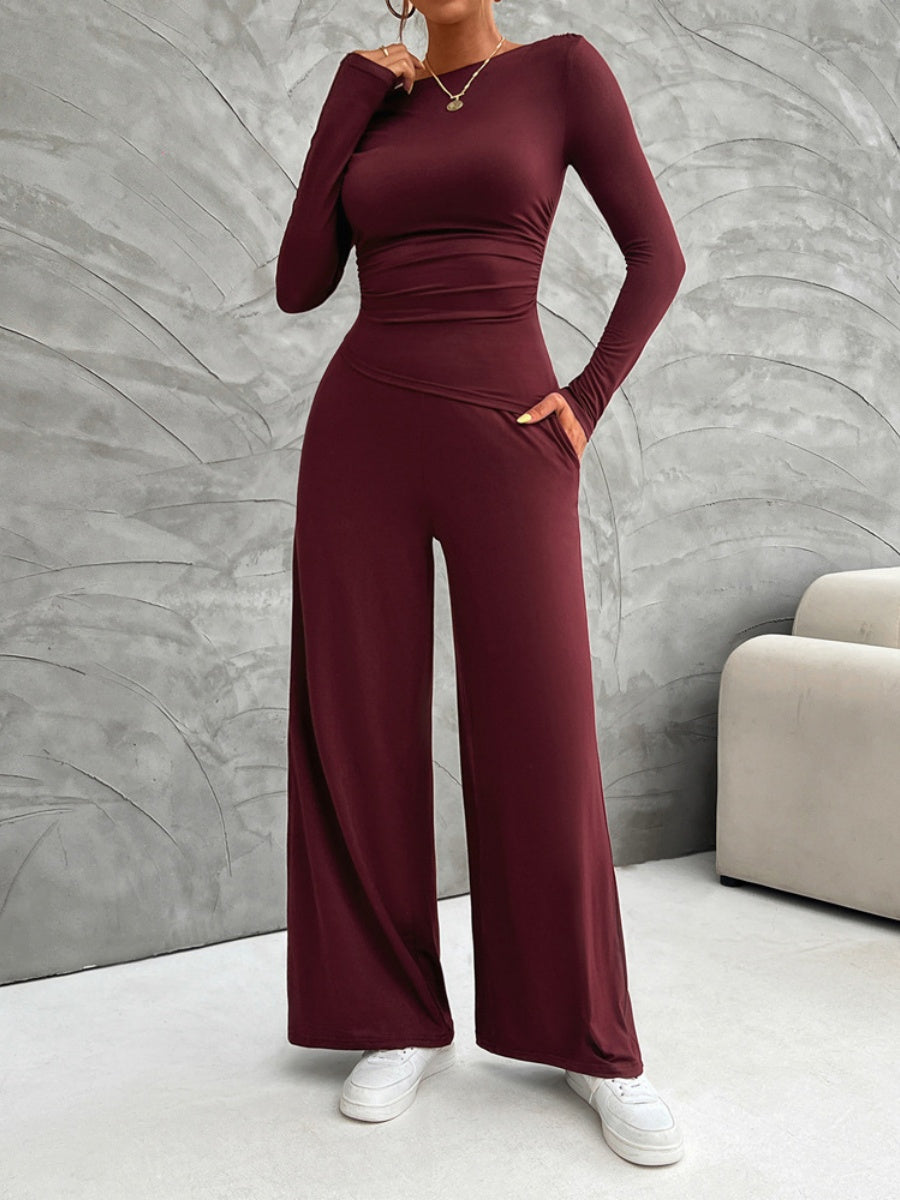 Leisure Pleated Solid Color Long Sleeve 2-piece Sets