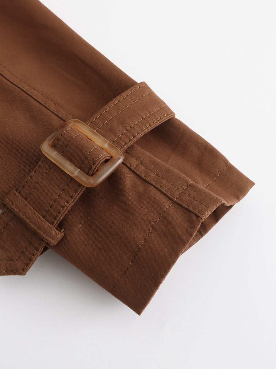 Waist-hugging Cotton Long Sleeve Lapel Three-dimensional Decoration Solid Color Trench Coats