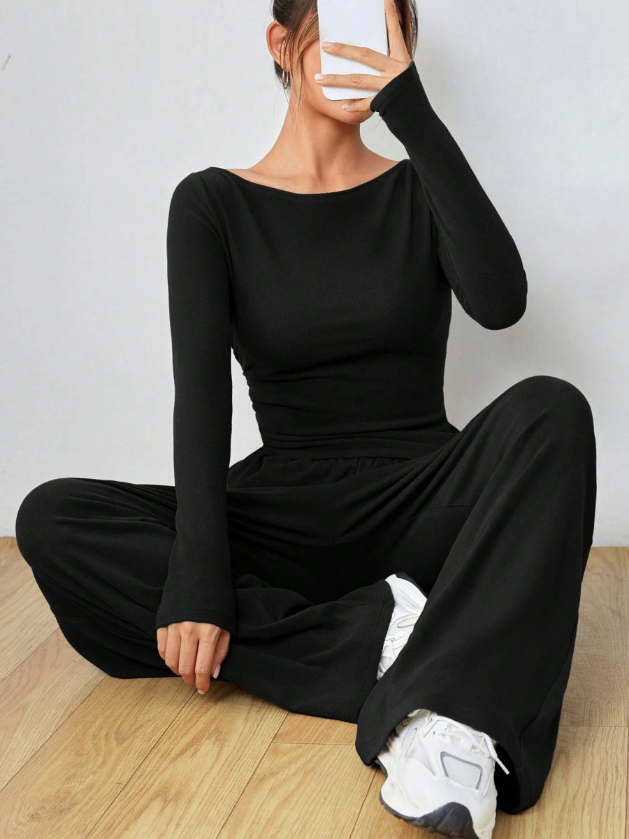 Pocket Solid Color Large Round Neck Long Sleeve Pants 2-piece Sets