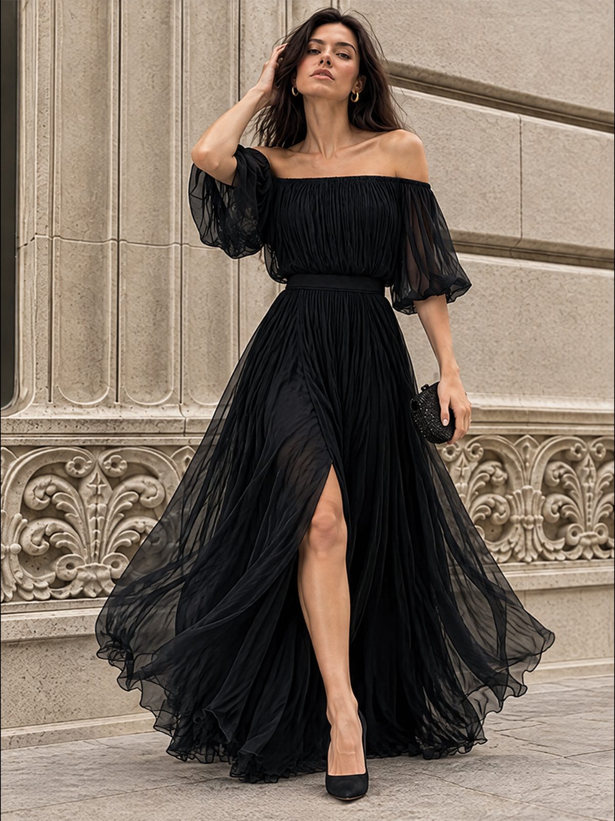 Off Shoulder Elegant Pleats Solid Color Slit Maxi Dresses