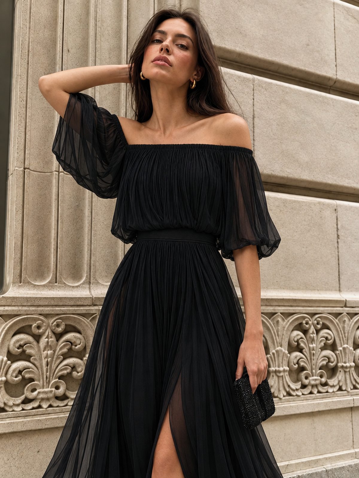 Off Shoulder Elegant Pleats Solid Color Slit Maxi Dresses