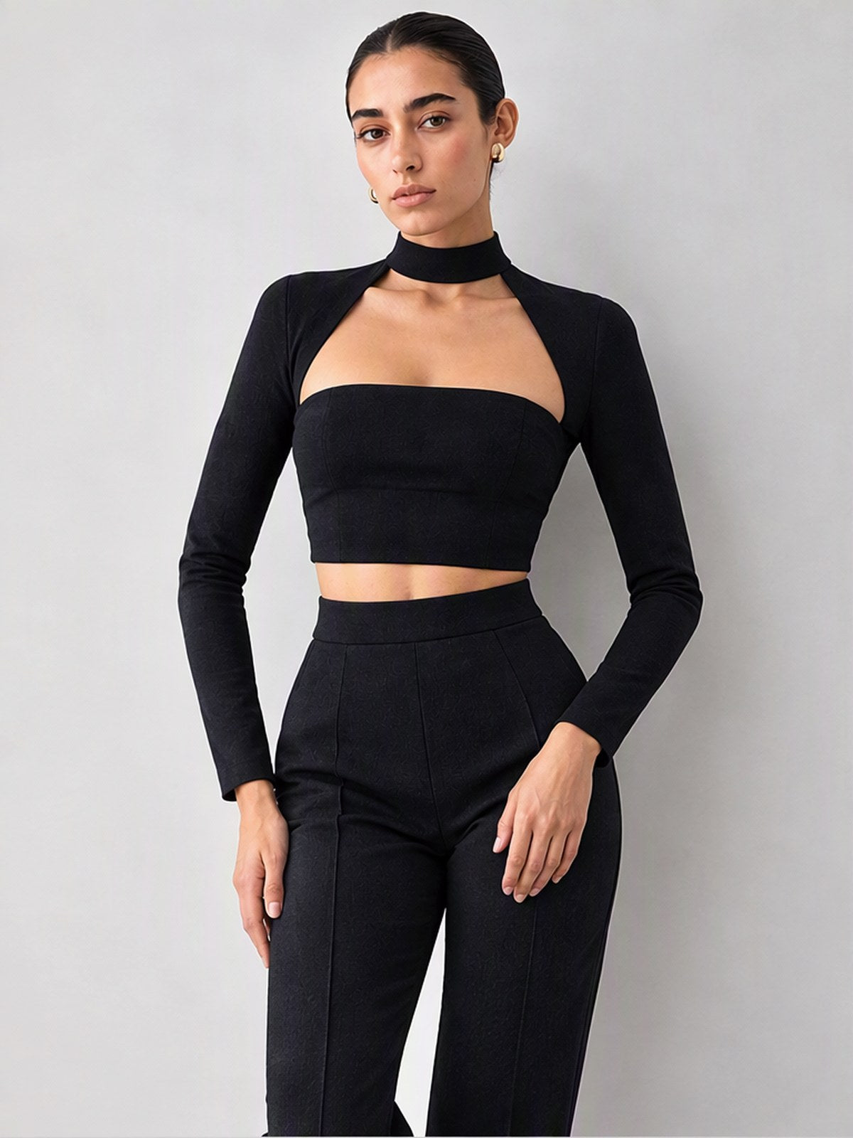 High-neck, Fitted, Faux Two-piece Set, Long-sleeved, Sexy, And Slimming Top