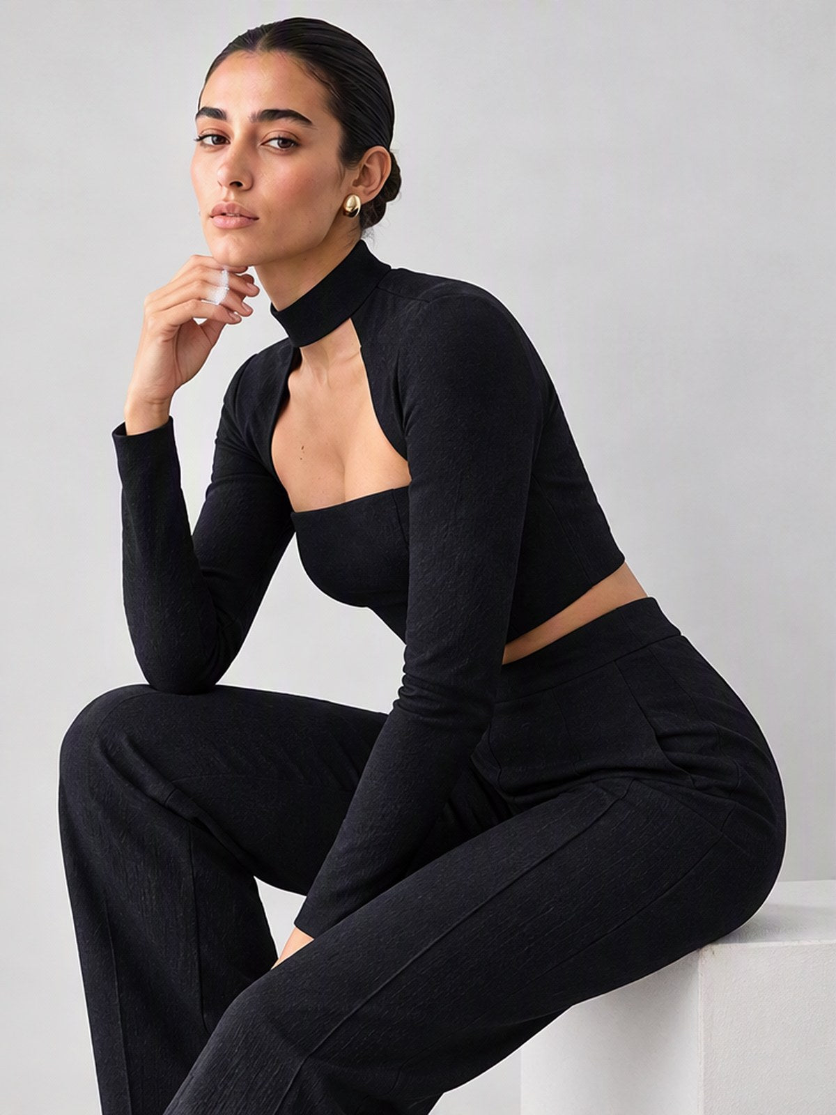 High-neck, Fitted, Faux Two-piece Set, Long-sleeved, Sexy, And Slimming Top