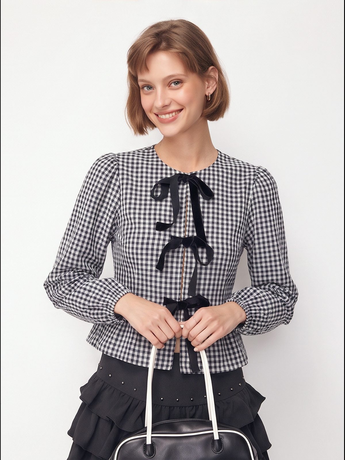 Asian Korean Style Plaid Loose Bow Long-sleeved Shirt