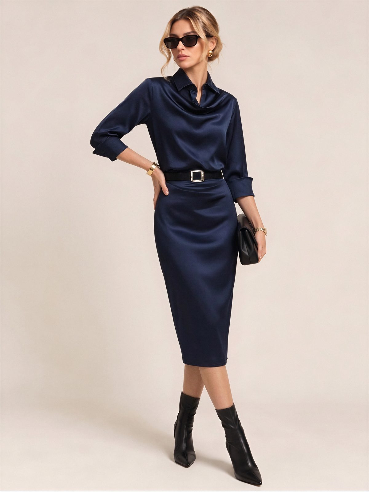 Swing Collar Draped Collar Grace Long Sleeve Belt Midi Dresses
