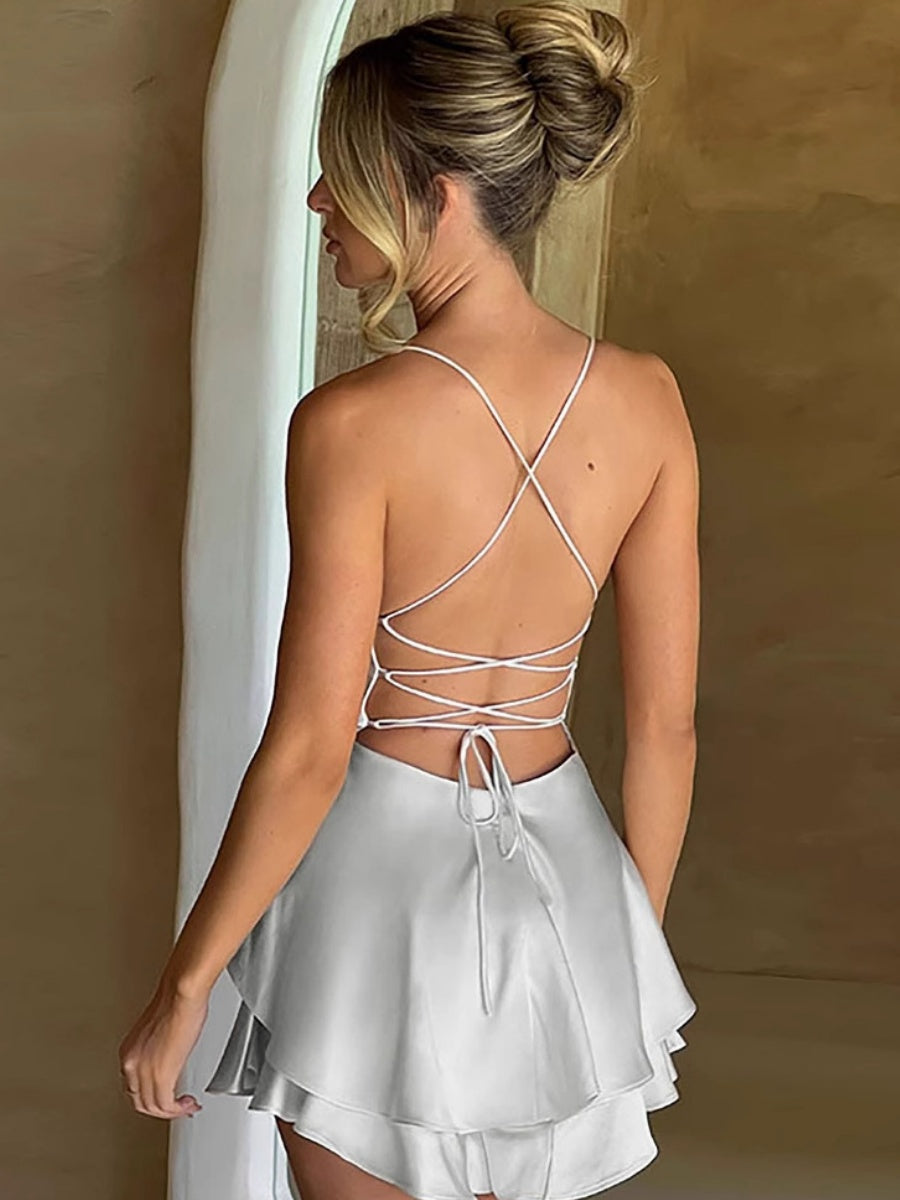 Camisoles Swing Collar Backless Drawstring Mini&Short Dresses