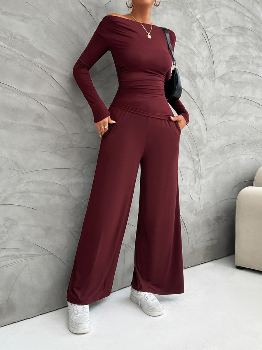 Leisure Pleated Solid Color Long Sleeve 2-piece Sets