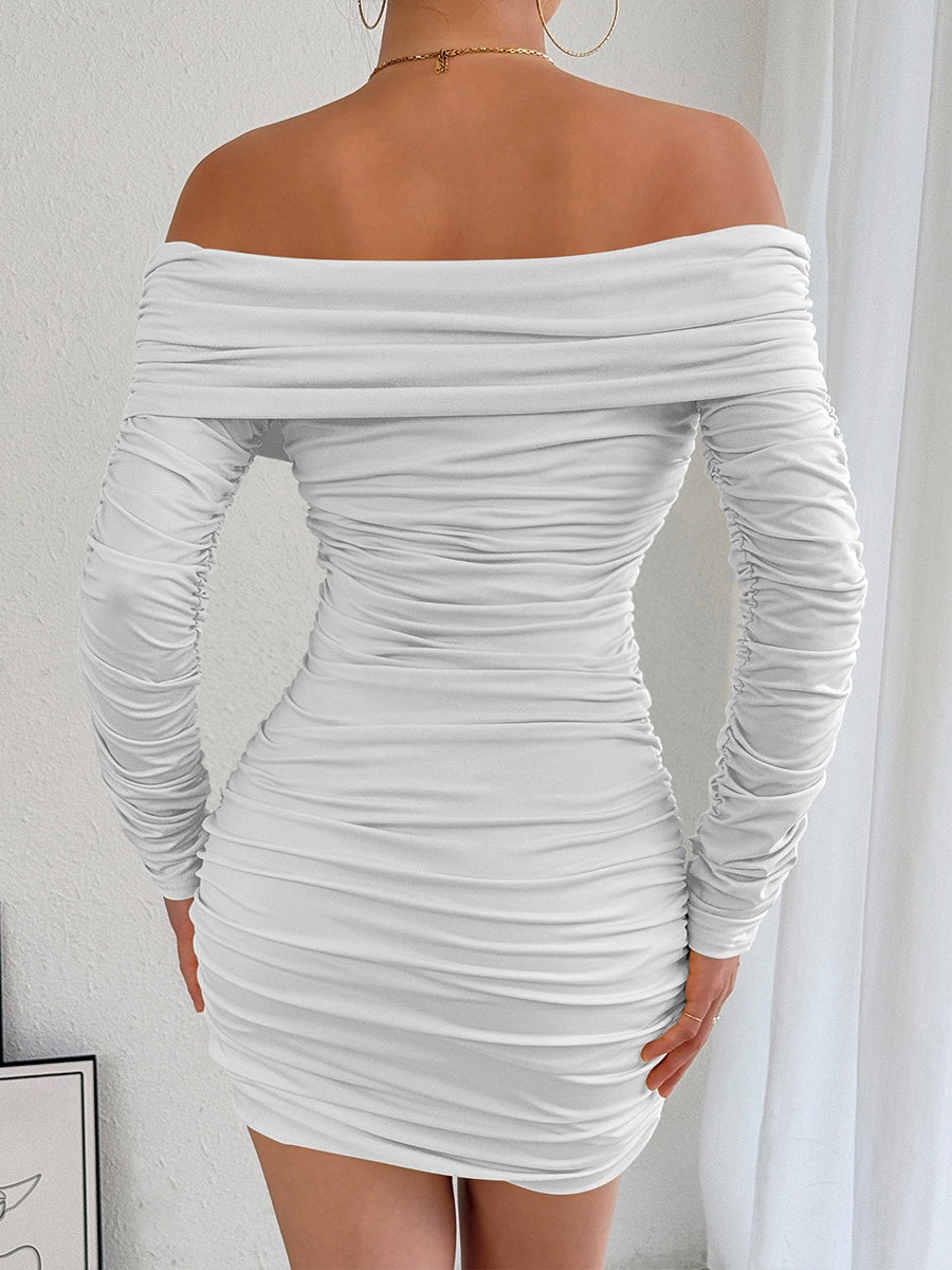 Off-the-shoulder Long-sleeved Pleated Slim-fit Bodycon Short Dress