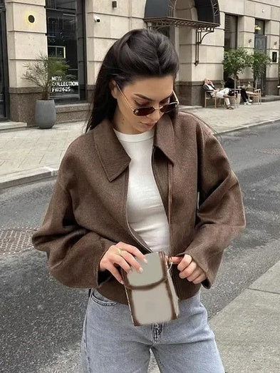 Vintage Distressed Brown Zip-up Long-sleeved Short Jacket