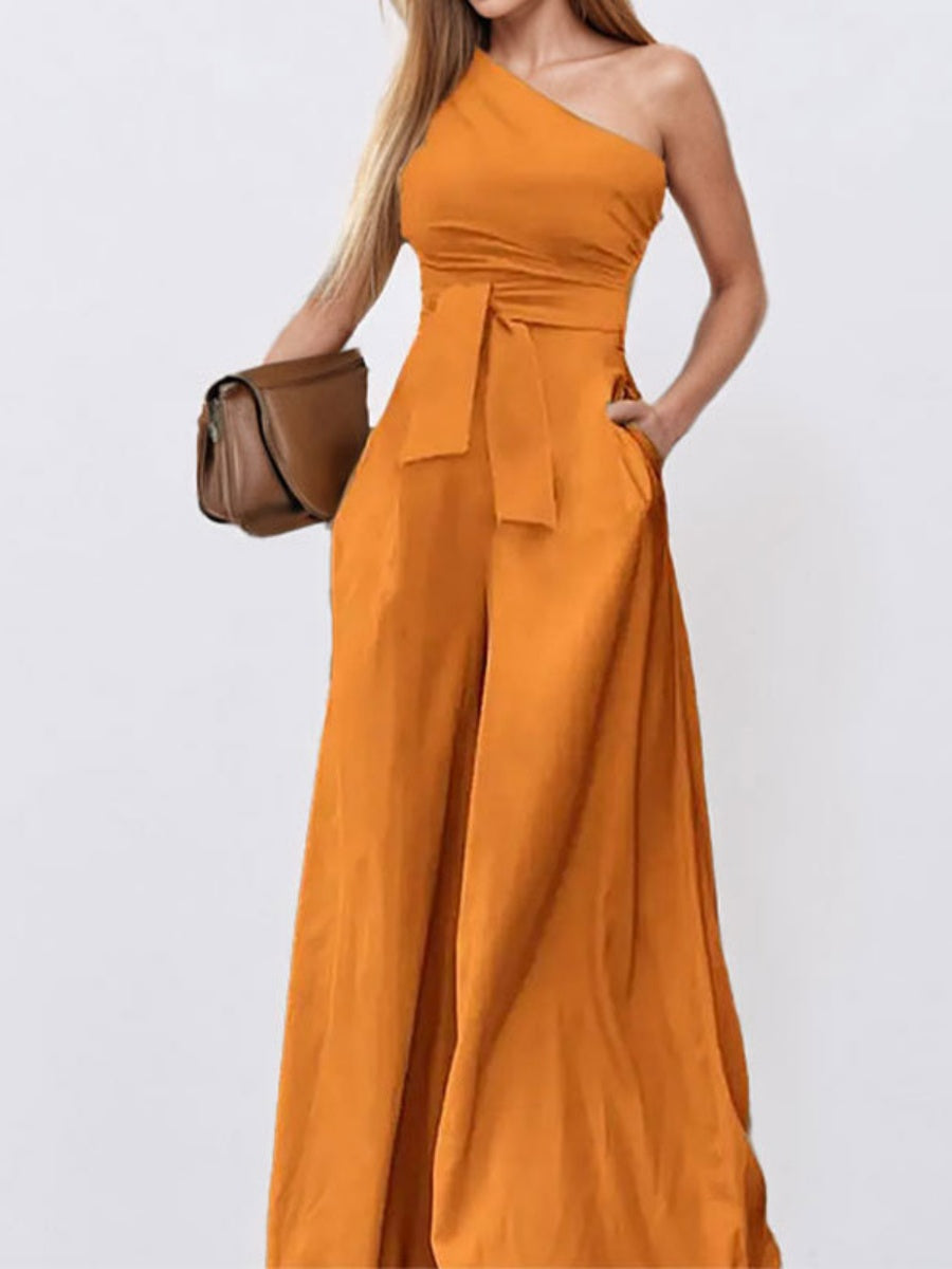 One Shoulder High Waist Lace Up Wide Leg Jumpsuits