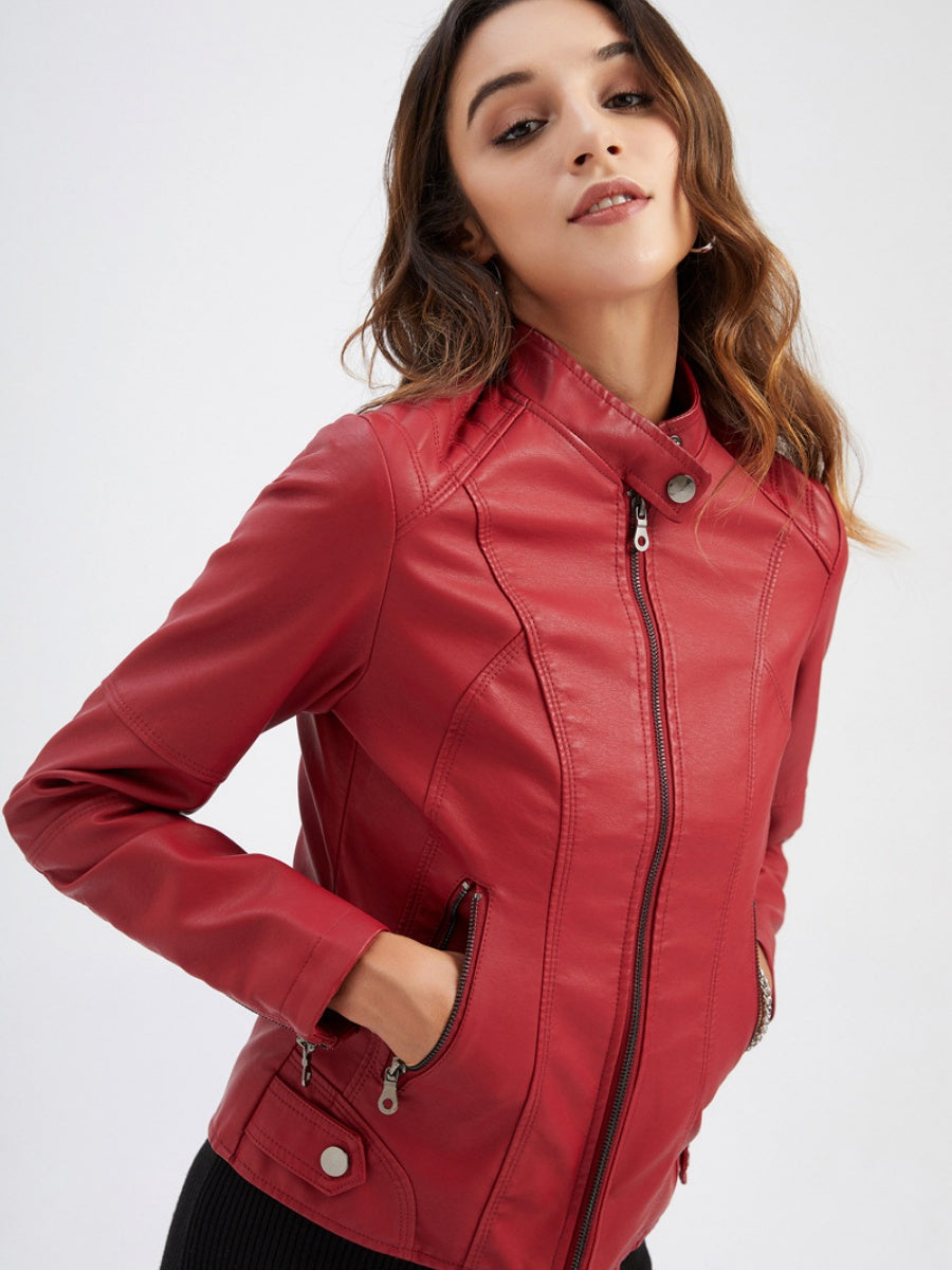 Veste en cuir à col montant et fermeture éclair, style urbain décontracté