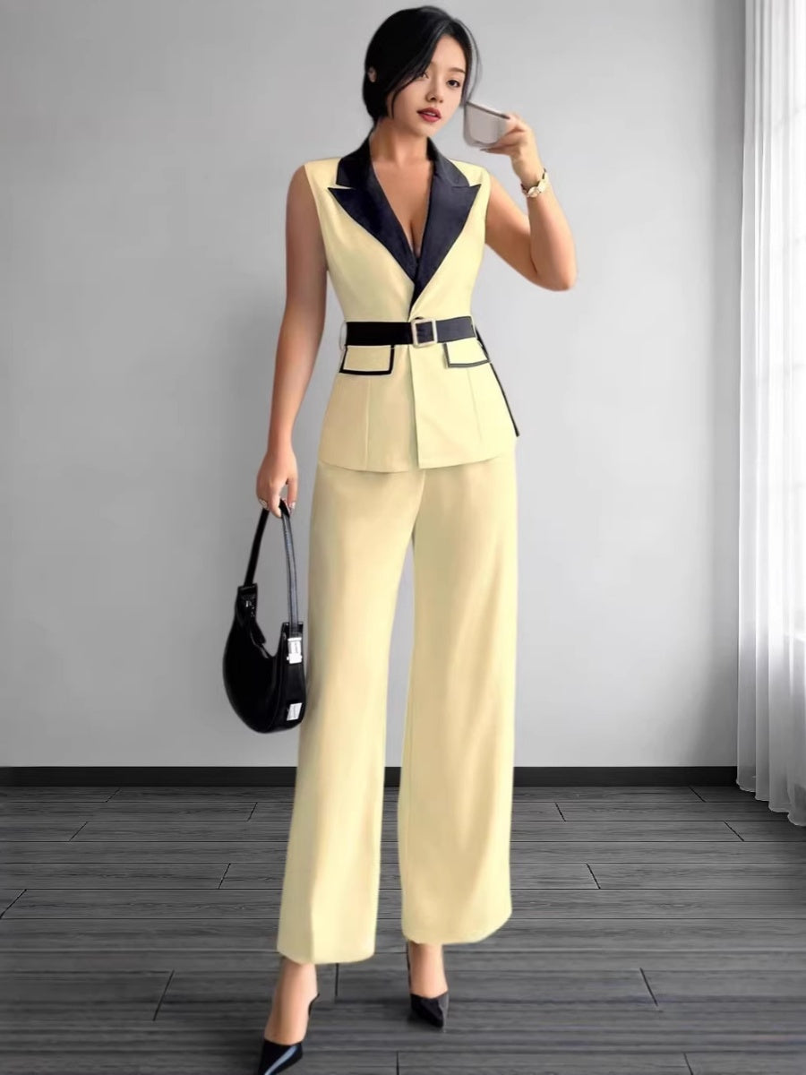 Straight-leg Trousers And Color-blocked Vest Two-piece Set