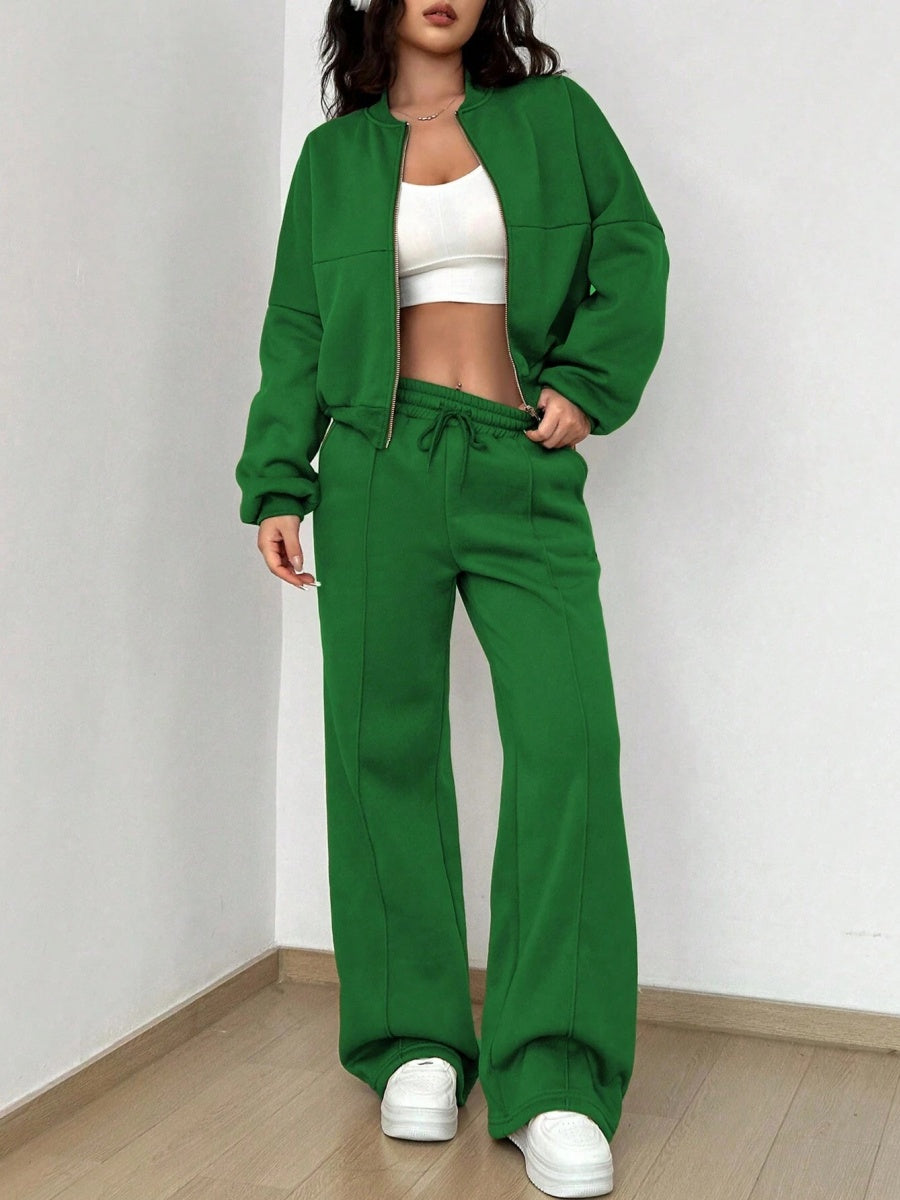 Sports And Leisure Solid Color Crew Neck Zipper 2-piece Sets