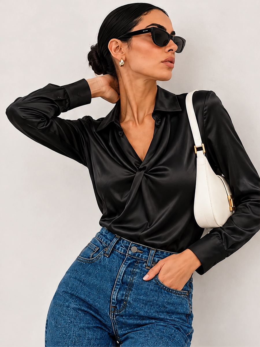 Solid Color Satin Pleated Long Sleeve Blouse&Shirts
