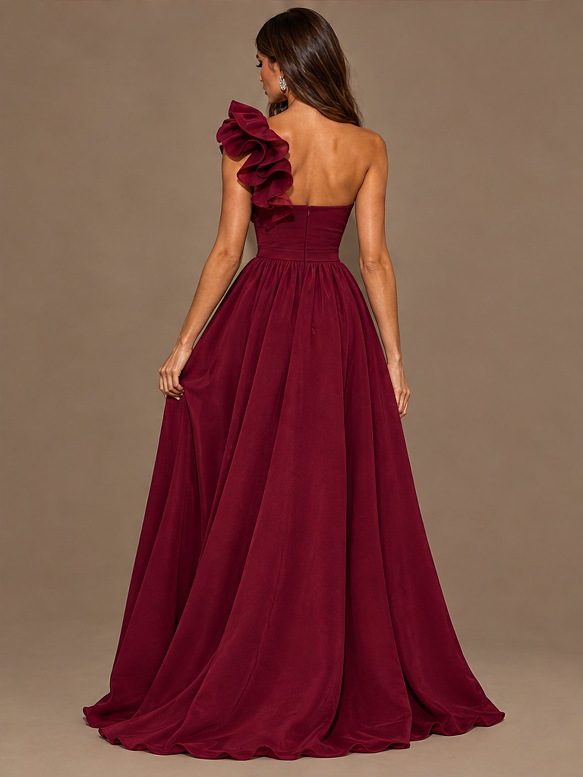 Sloping Shoulders Ruffle Slit Parties Maxi Dresses