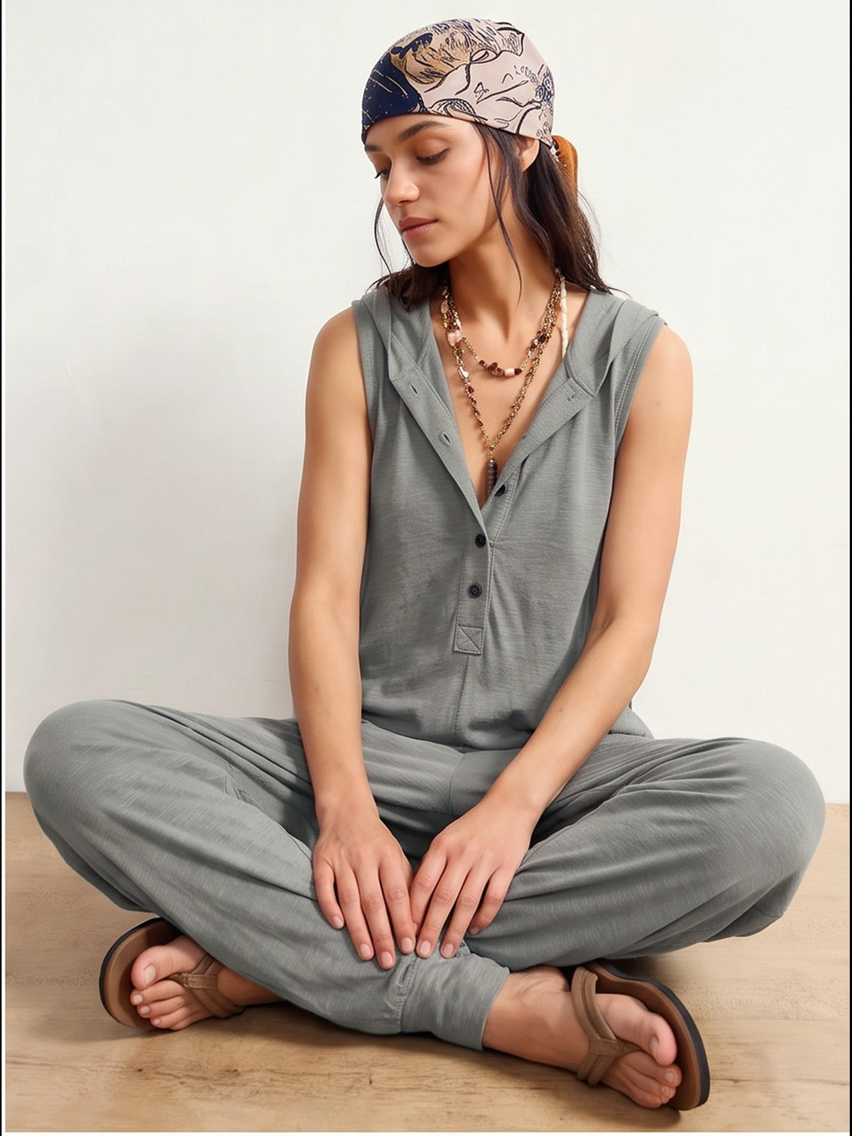 Button-up Hooded Sleeveless Jumpsuit
