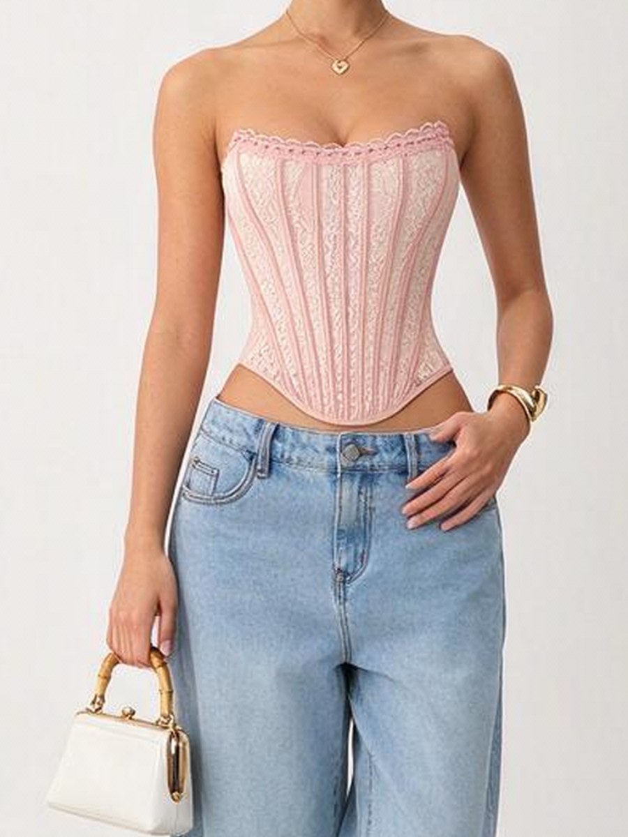 Flower Lace Herringbone Buckle Backless Tube Top Tank Tops
