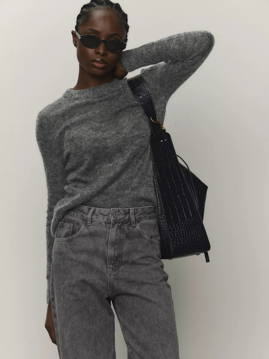 Mohair Crew Neck Pullover Sweater, Semi-sheer Base Layer Sweater