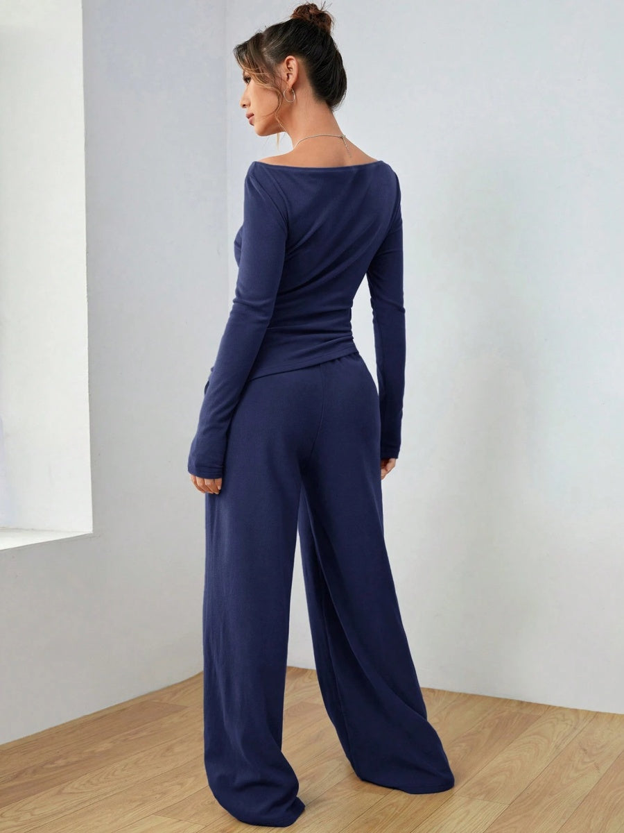 Pocket Solid Color Large Round Neck Long Sleeve Pants 2-piece Sets