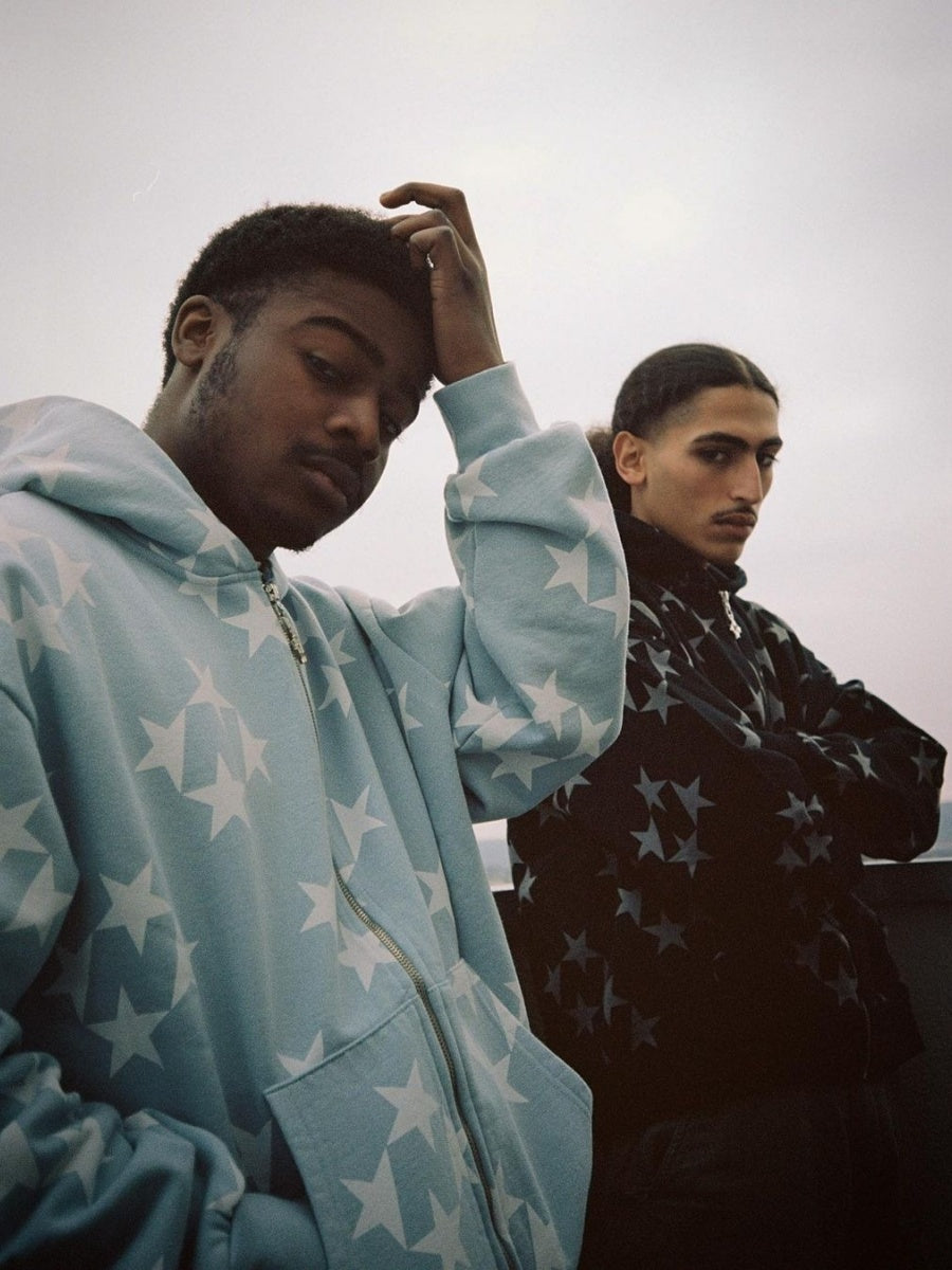 Old Star Print Zippered Loose Hooded Sweatshirt