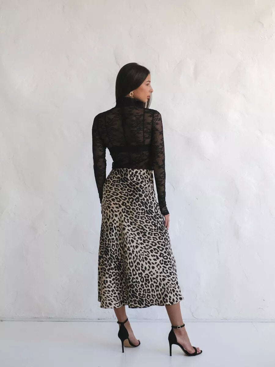 Satin Leopard Print High Waist Elasticity Silky Smooth Skirts