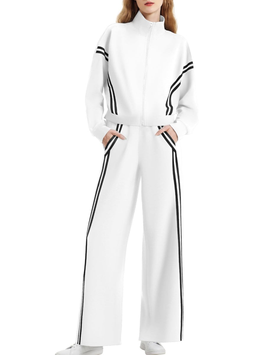 Sports Casual Suit Zipper Contrasting Colors Sweatshirts Wide-leg Pants 2-piece Sets