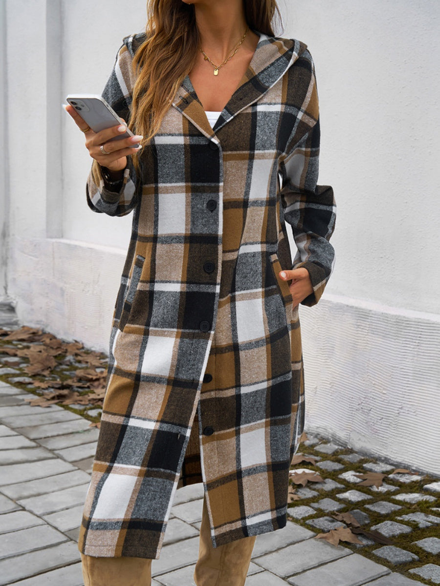 Contrasting Colors Pocket Plaid Mid-length Coats