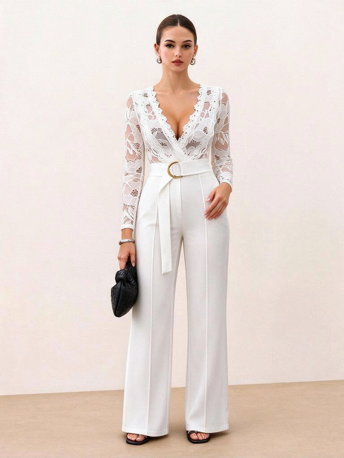 Lace Stitching V-neck Long Sleeve Temperament Grace Jumpsuits