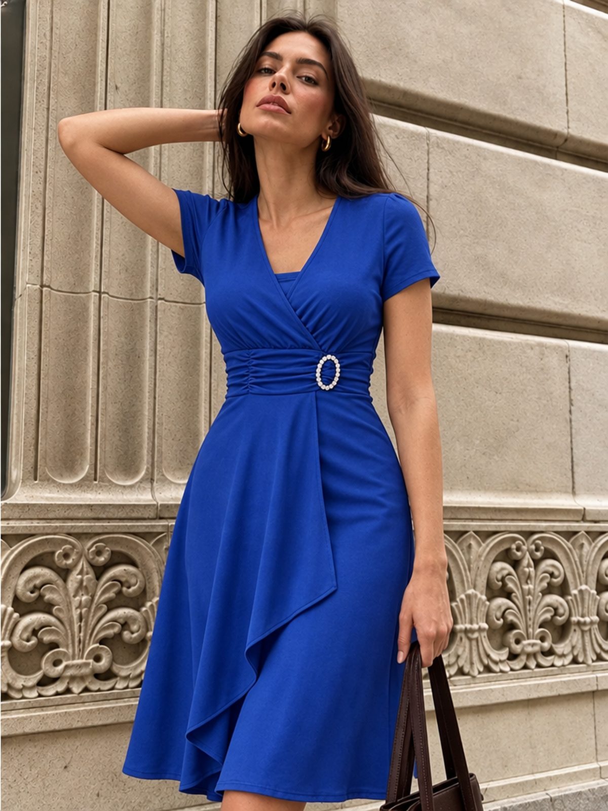 Grace Asymmetrical Knitting Large Skirt V-neck Midi Dresses