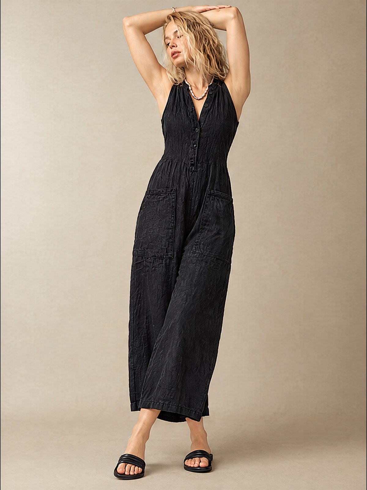 Simple Linen Blend Button-down Stand Collar Sleeveless Loose-fitting Jumpsuit
