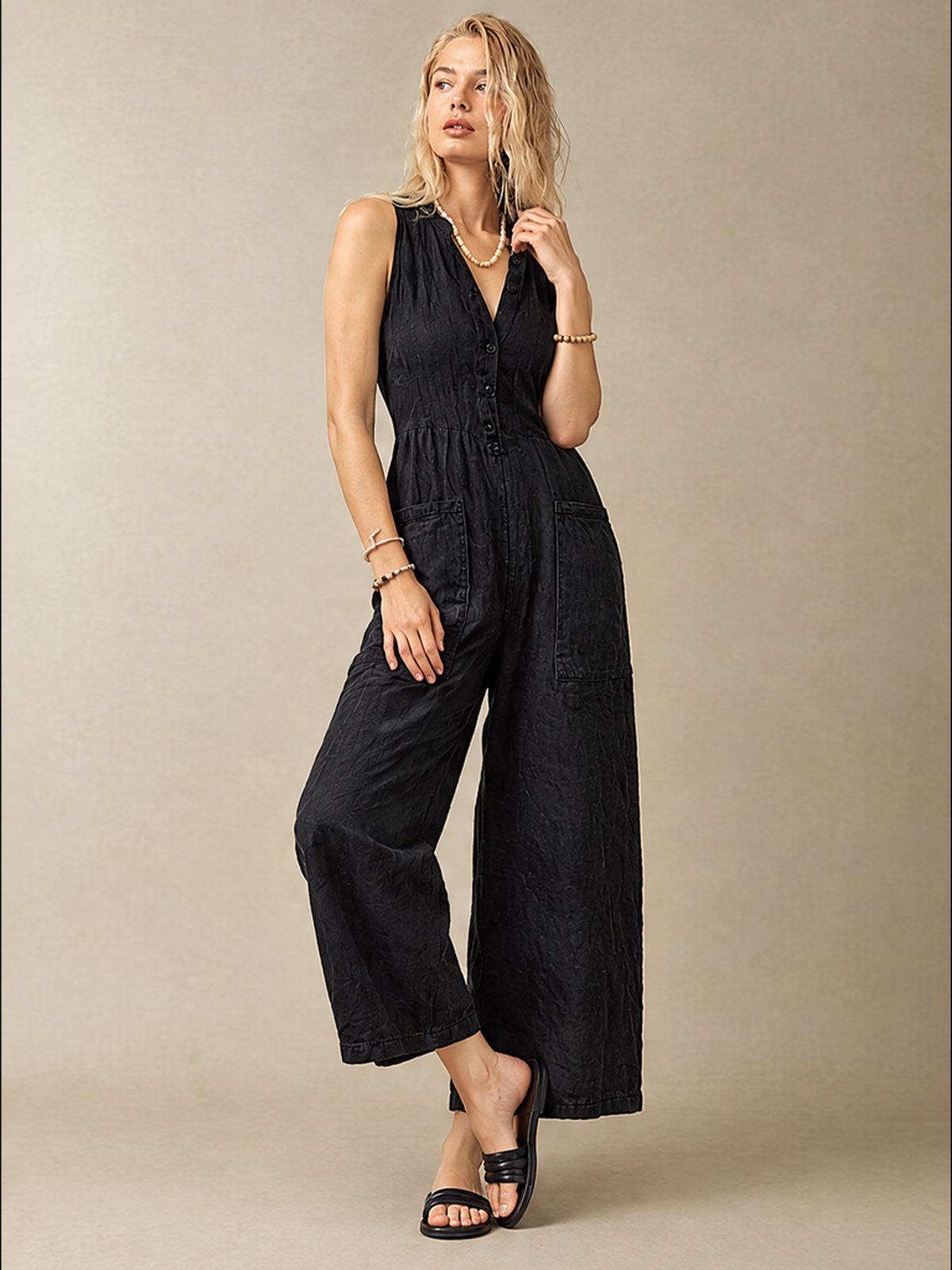 Simple Linen Blend Button-down Stand Collar Sleeveless Loose-fitting Jumpsuit