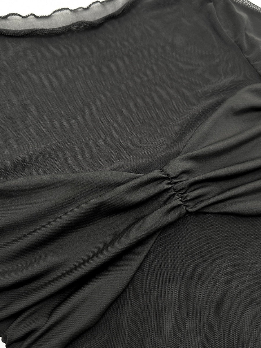 Round Neck Long-sleeved Mesh-paneled Short Dress