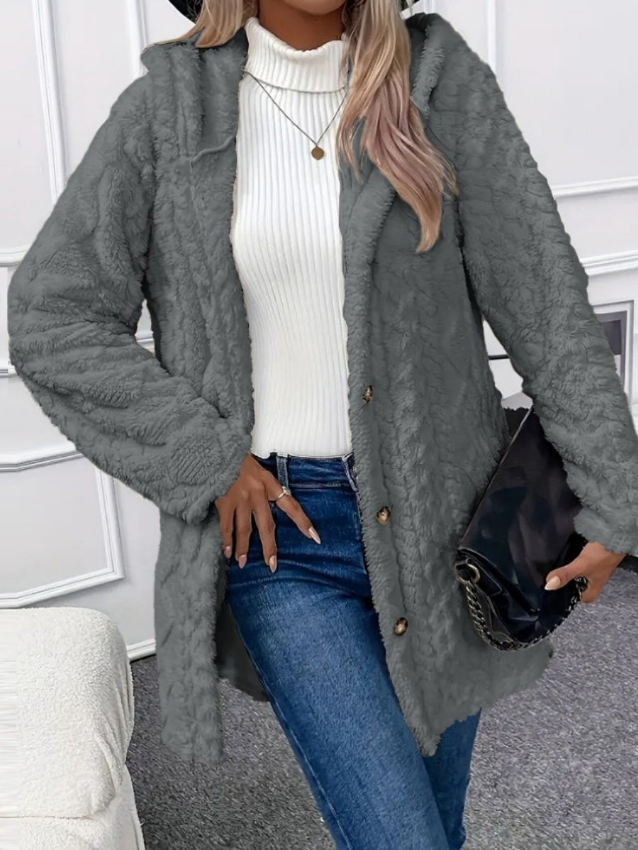 Hooded Solid Color Cardigan Button Long Sleeve Casual 3D Pattern Jackets