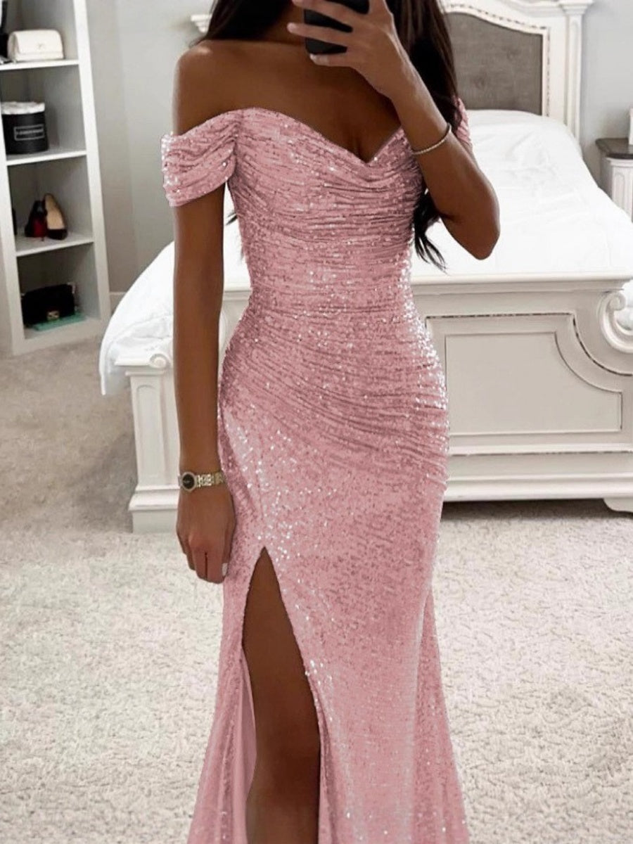 Robes maxi plissées à sequins, col asymétrique et fente