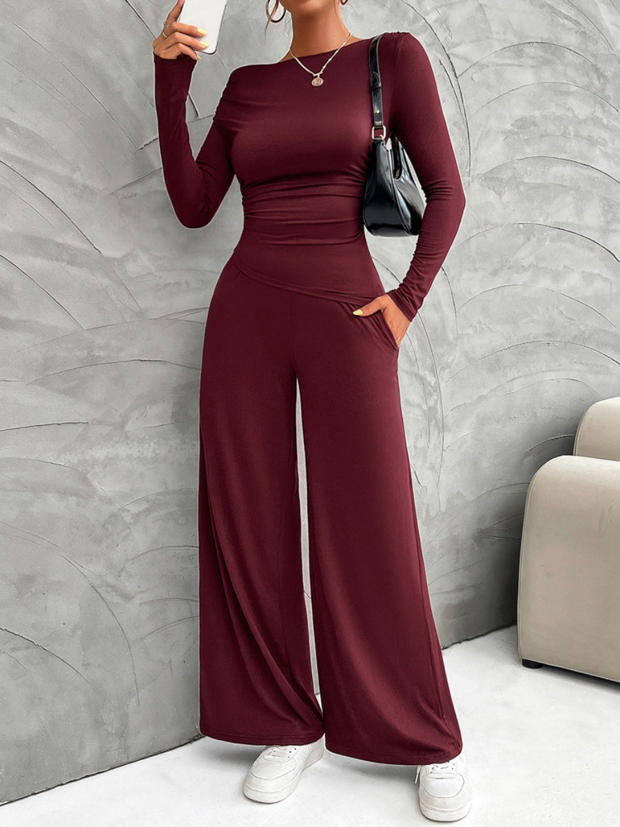 Leisure Pleated Solid Color Long Sleeve 2-piece Sets