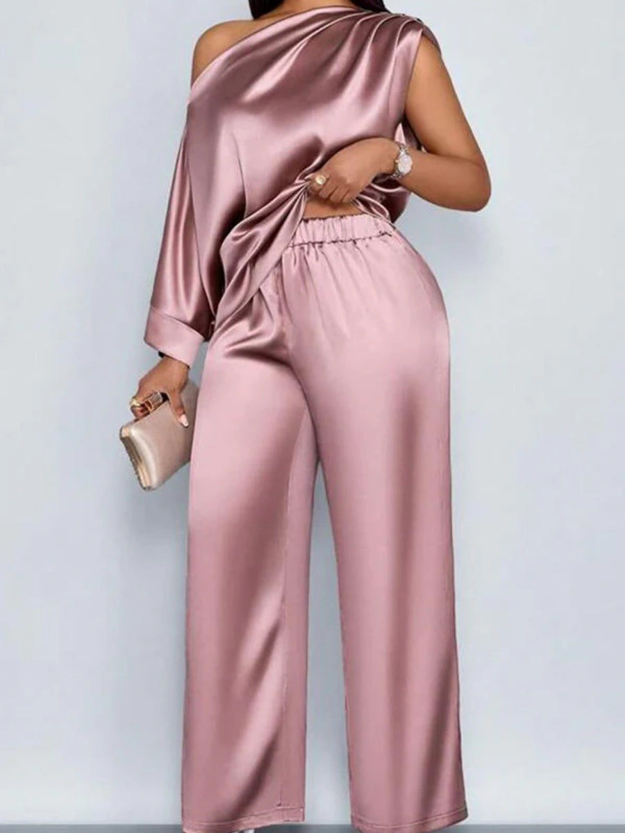 Satin Sloping Shoulders Short Sleeve TOP Wide-leg Pants 2-piece Sets