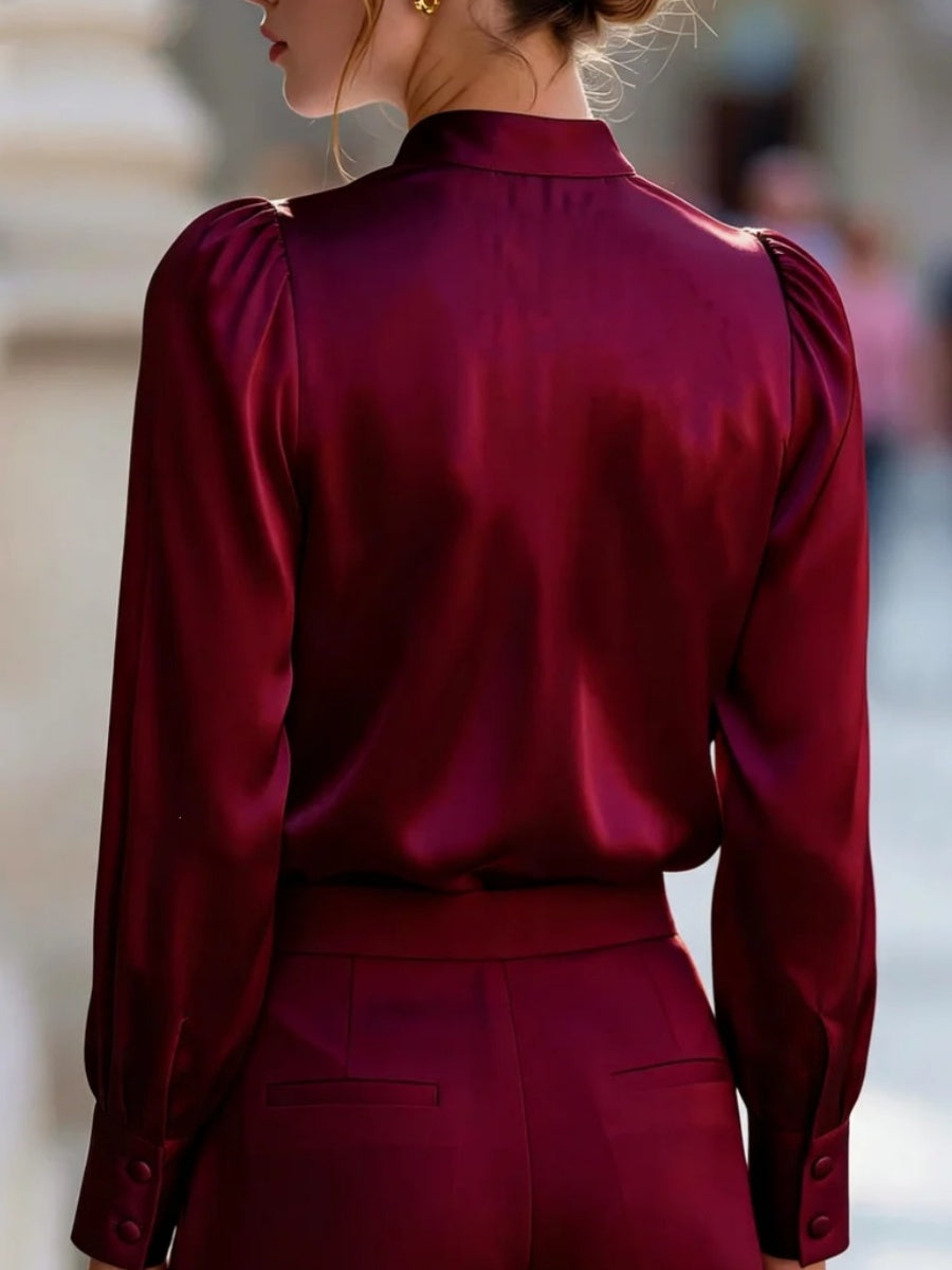 Satin Stand Collar Puff Sleeve Long Sleeve Blouse&Shirts