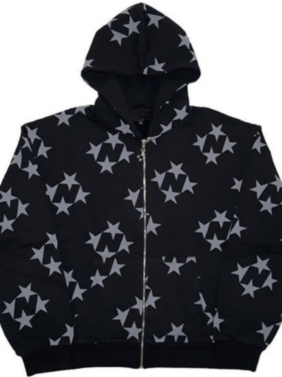 Old Star Print Zippered Loose Hooded Sweatshirt