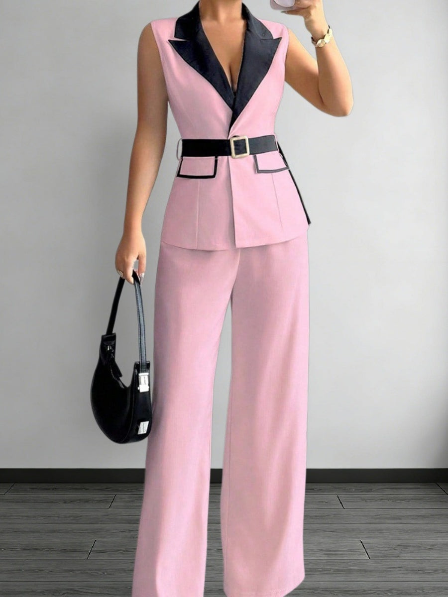 Straight-leg Trousers And Color-blocked Vest Two-piece Set