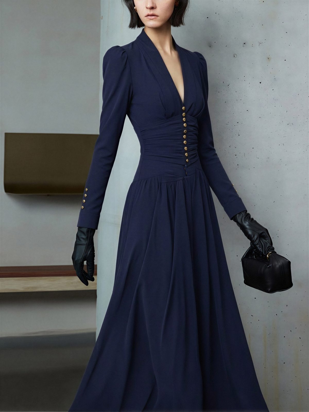 V-neck Puff Sleeve Long-sleeved Midi Dress