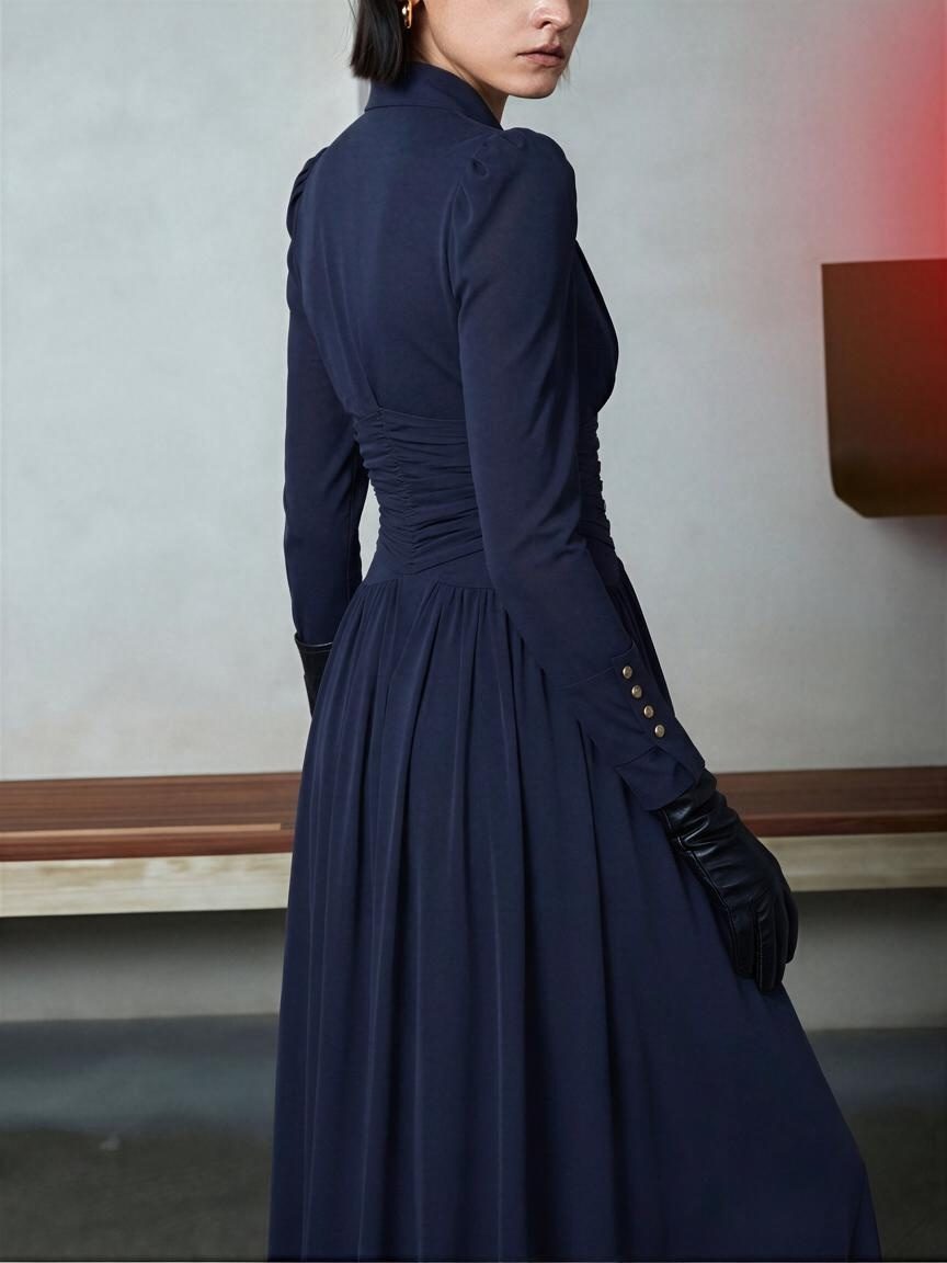 V-neck Puff Sleeve Long-sleeved Midi Dress