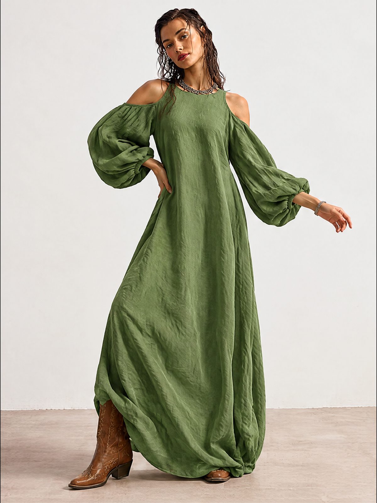 Long-sleeved, Off-shoulder, Mid-waisted Pullover Dress