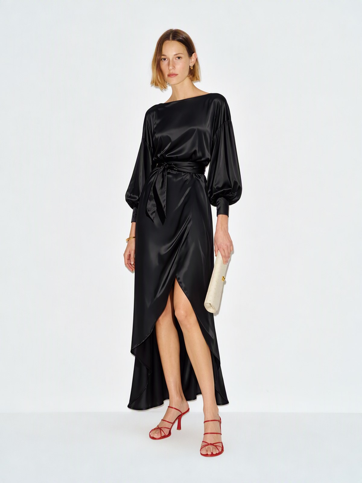 Boat Neck Lantern Sleeves Tie-waist Irregular High Slit Long Dress For Banquets