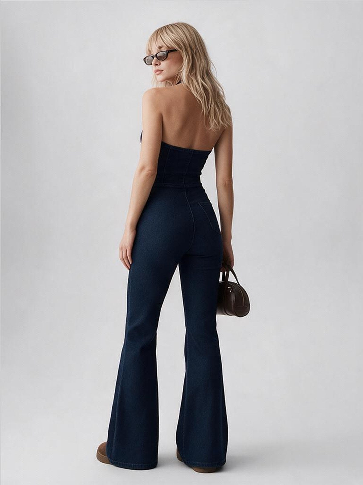 Sexy And Hot Denim Bodysuit With Flared Legs For Women